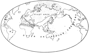 Map of the "Heartland Theory", as published by Mackinder in 1904.